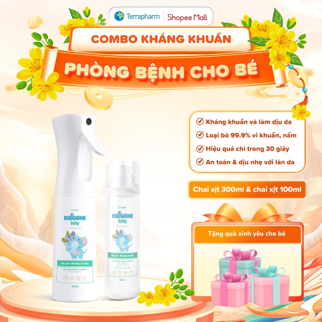 [COMBO] Xịt kháng khuẩn DIZIGONE Baby 100ml & Xịt kháng khuẩn DIZIGONE Baby 300ml: Xịt tay chân, đồ 
