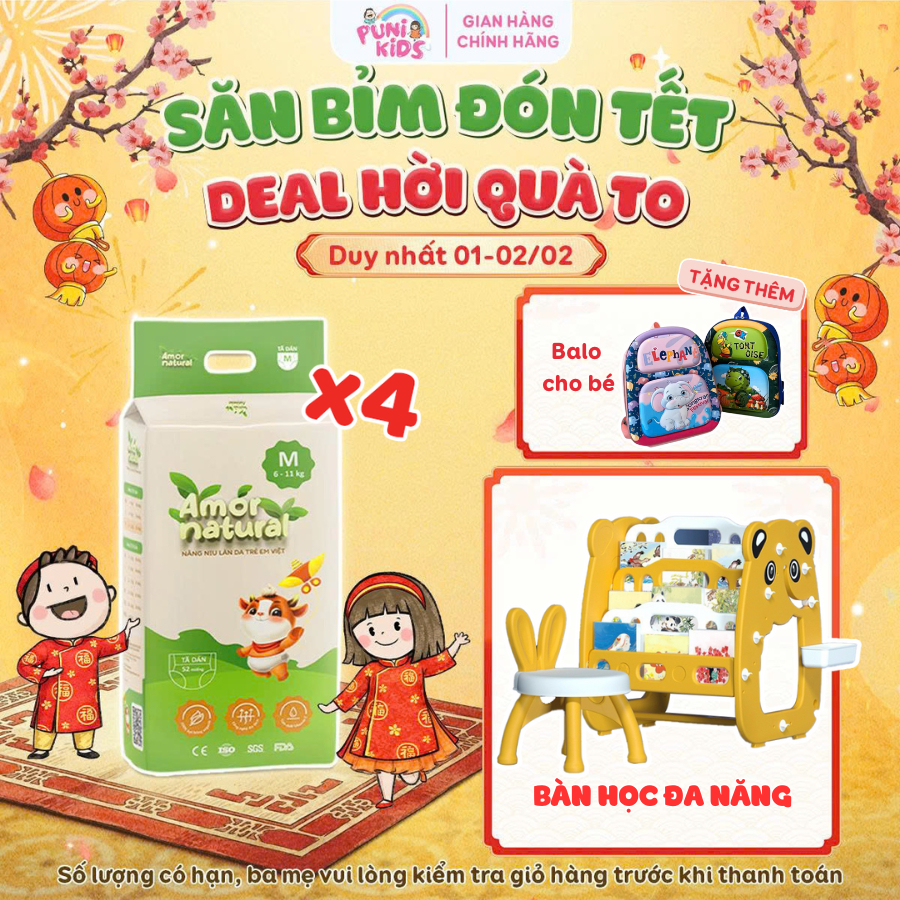 [4A] [TẶNG BÀN HỌC ĐA NĂNG CHO BÉ] COMBO 04 BỊCH TÃ BỈM AMOR NATURAL dán/quần,Bỉm Việt mỏng nhẹ,thấm tốt,đủ size NB-4XL