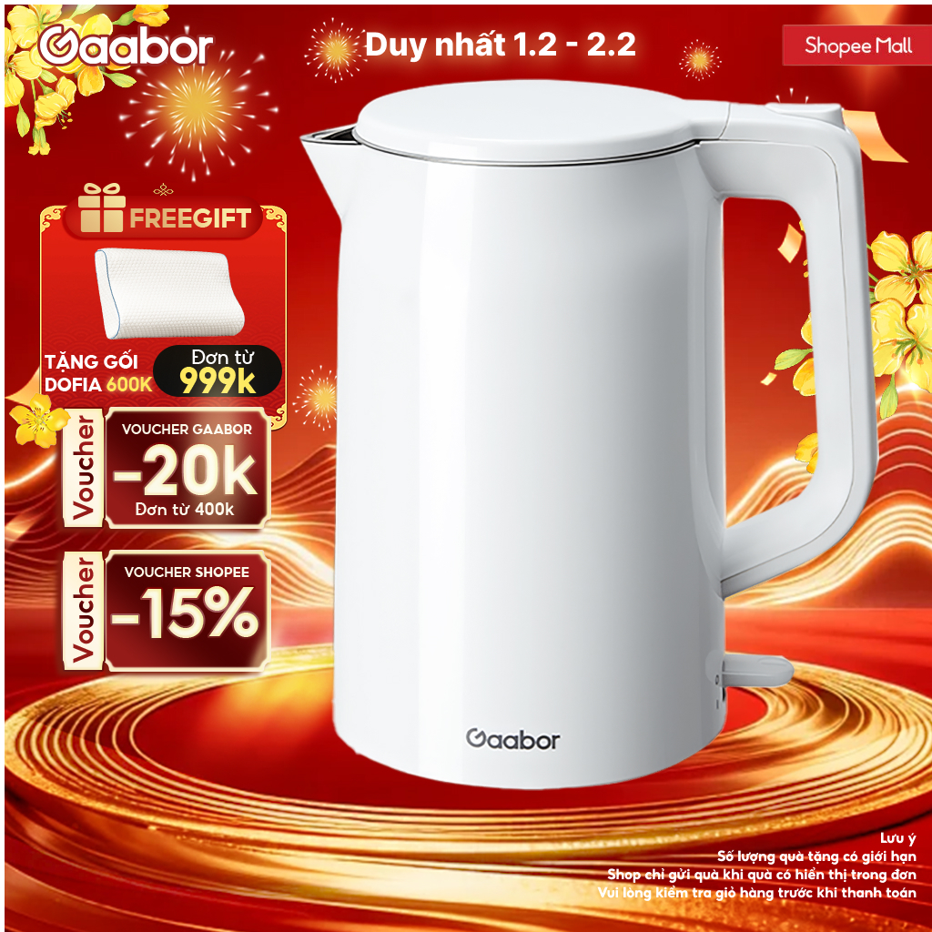 Gaabor Ấm siêu tốc 2L EK20M-WH01A bình đun công suất 1500W cao cấp ấm đun inbox 304 cách nhiệt [L]