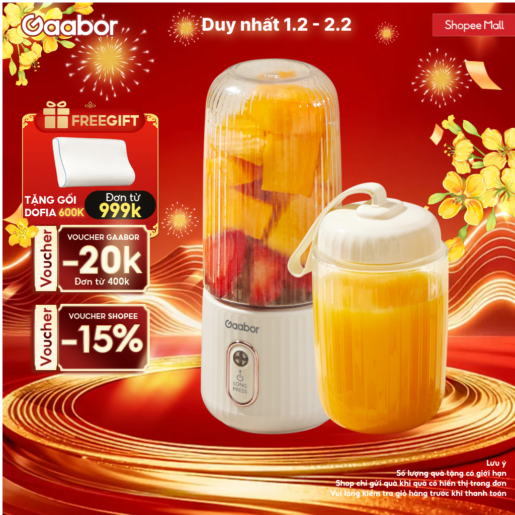 Cốc xay sinh tố cầm tay kèm ly đôi 350ml + 280ml pin sạc cổng USB nhỏ gọn Gaabor FP03T-WH01A