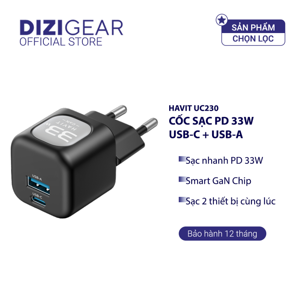 Cốc Sạc Nhanh HAVIT UC230, Smart GaN Chip 33W, Sạc Nhanh PD 30W + USB-A 30W - BH 12 Tháng