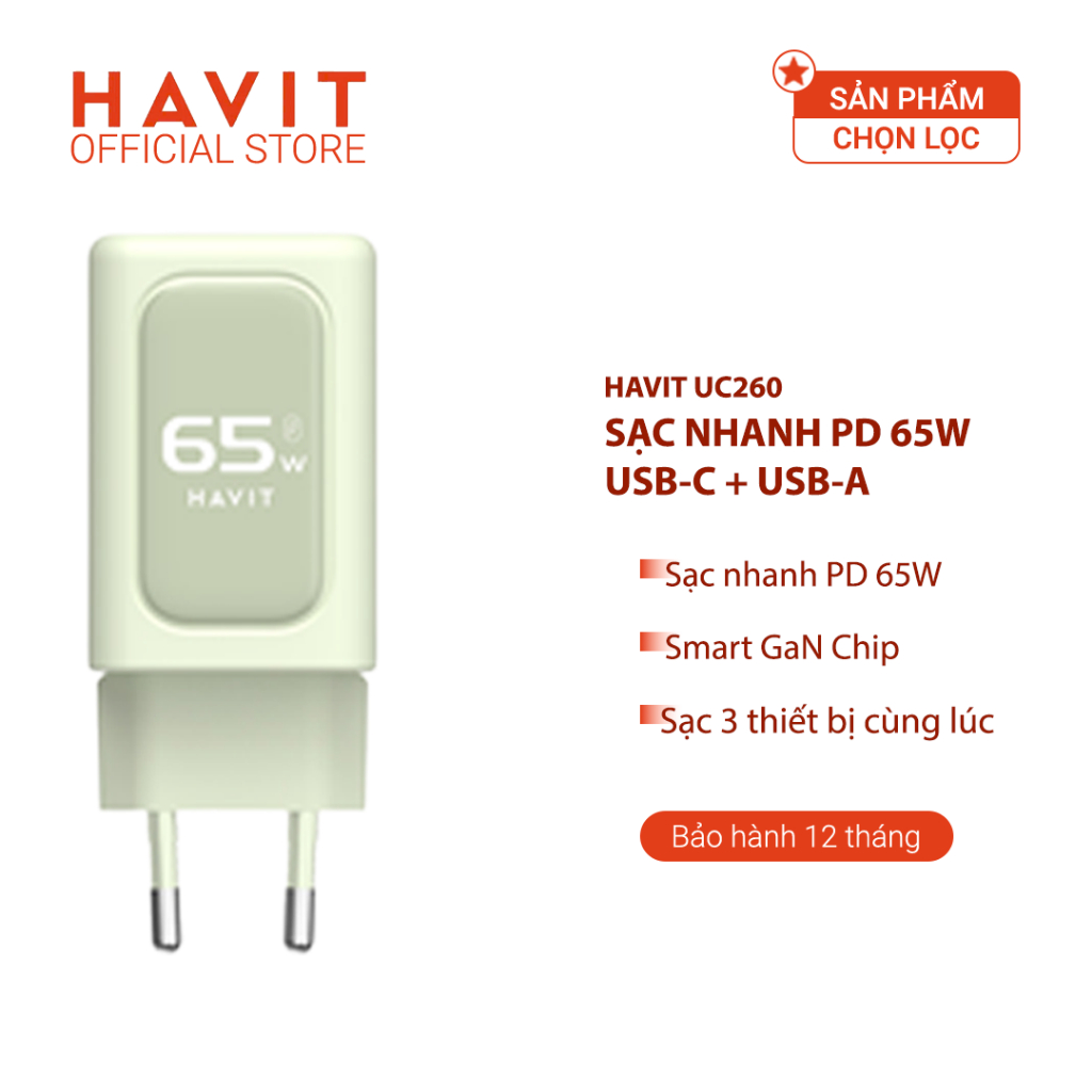Cốc Sạc Nhanh HAVIT UC260, Smart GaN Chip 65W, Sạc Nhanh PD 65W + USB-A 30W - BH 12 Tháng