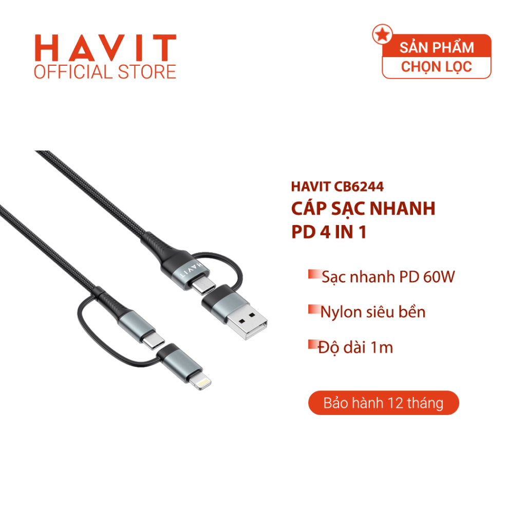 Cáp Sạc Nhanh 4in1 HAVIT CB6244, Sạc Nhanh PD 60W, Độ Dài 1m - BH 12 Tháng | BigBuy360 - bigbuy360.vn