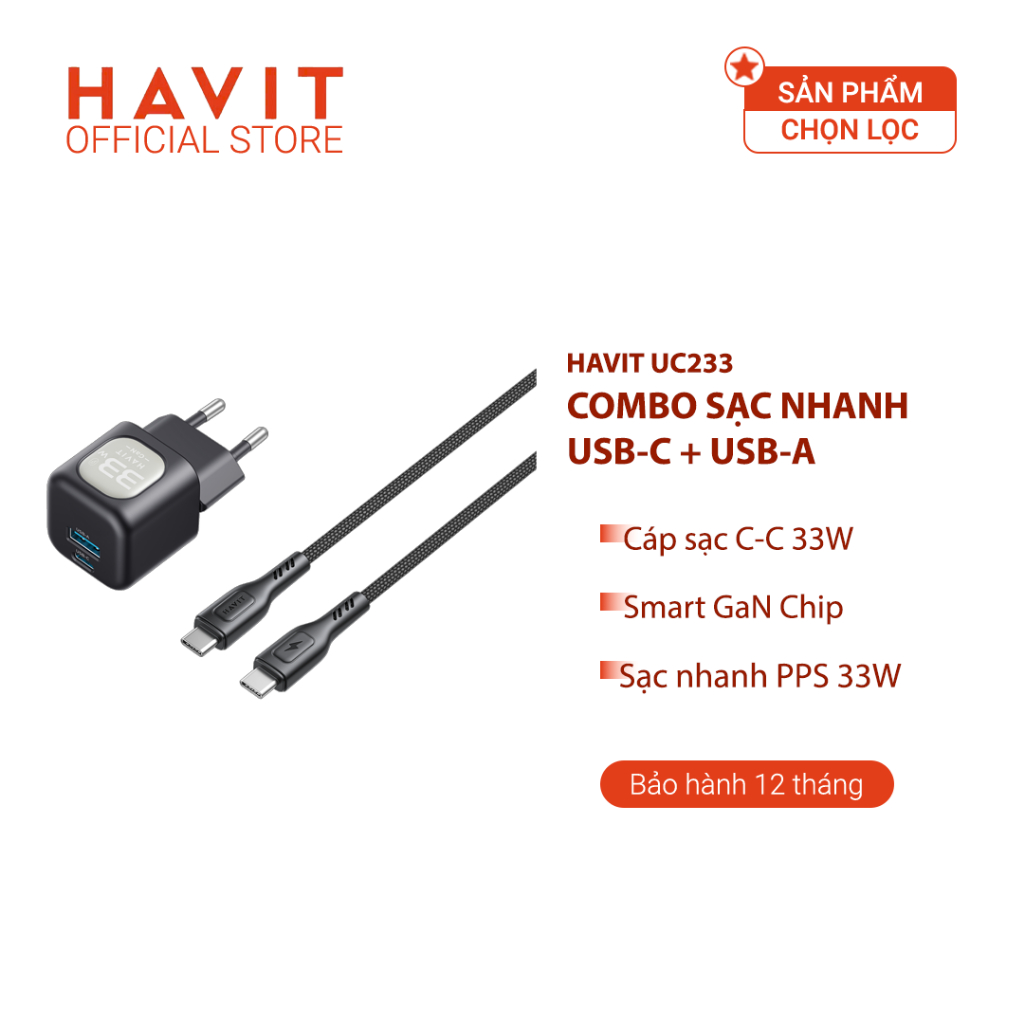 Combo Cốc - Cáp Sạc Nhanh HAVIT UC233, Sạc Nhanh PD 30W + USB-A 30W, Cáp C-C PD 60W - BH 12 Tháng