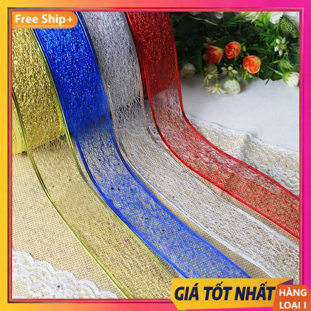 ( Cuộn 5 mét ) Ruy băng ren lưới kim tuyến trang trí Noel, cây thông Noel, giỏ quà Tết