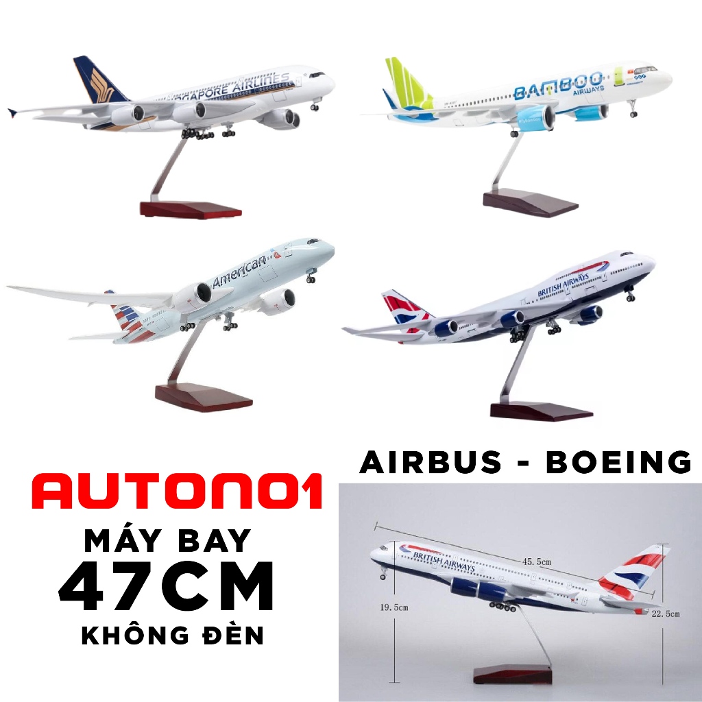 Mô hình máy bay các dòng Airbus Boeing A380 A350 A320 B787 B777 B737 không đèn dài 47cm MB47
