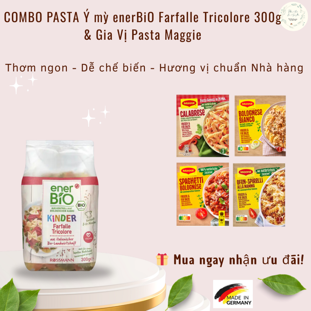 COMBO PASTA Ý mỳ enerBiO Farfalle Tricolore 300g & Gia Vị Pasta Maggie