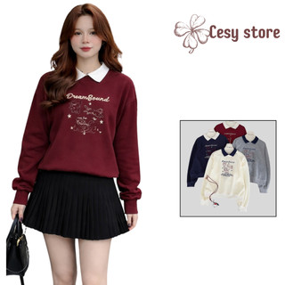 Áo sweater cổ sơ mi phối màu dễ thương Cesy, áo nỉ dài tay thu đông ulzzang Hàn quốc 5301