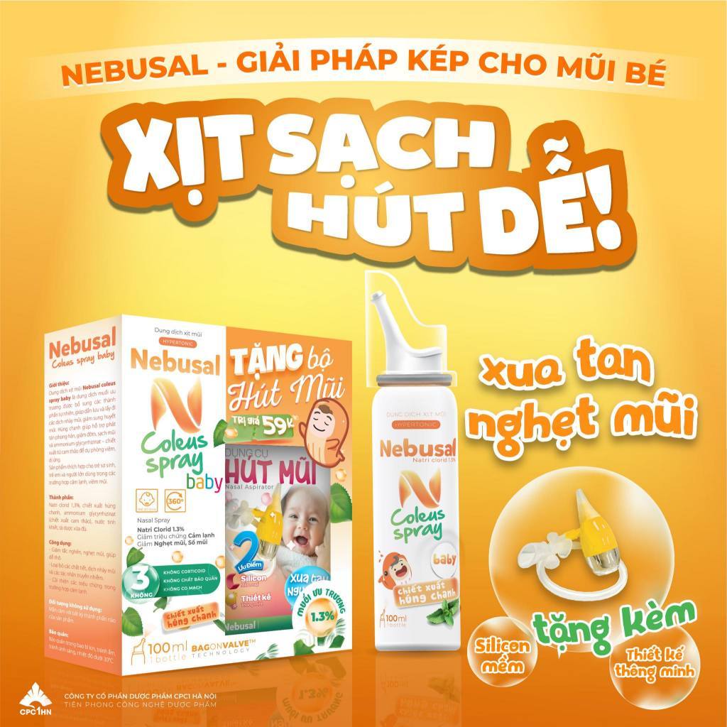 Xịt Mũi NEBUSAL Húng Chanh Giảm Nghẹt Mũi,Sổ Mũi ở Trẻ Em Và Người Lớn Hộp 100ml