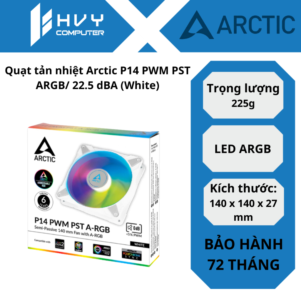Quạt tản nhiệt Arctic P14 PWM PST ARGB/ 22.5 dBA (White) - Hàng Chính Hãng