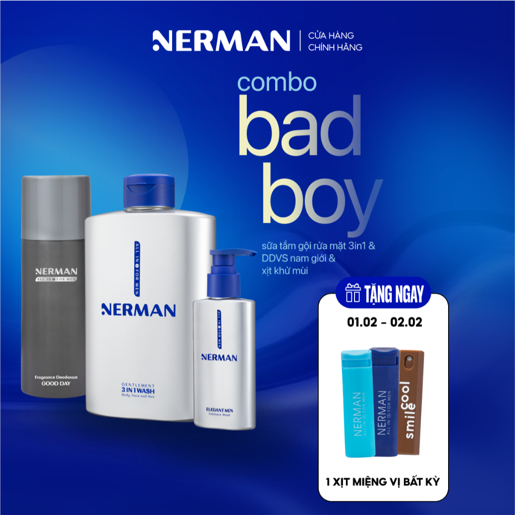 Combo Badboy Nerman - Sữa tắm gội cho nam 350ml & Gel vệ sinh 60S Fresh 100ml & Xịt khử mùi toàn thâ