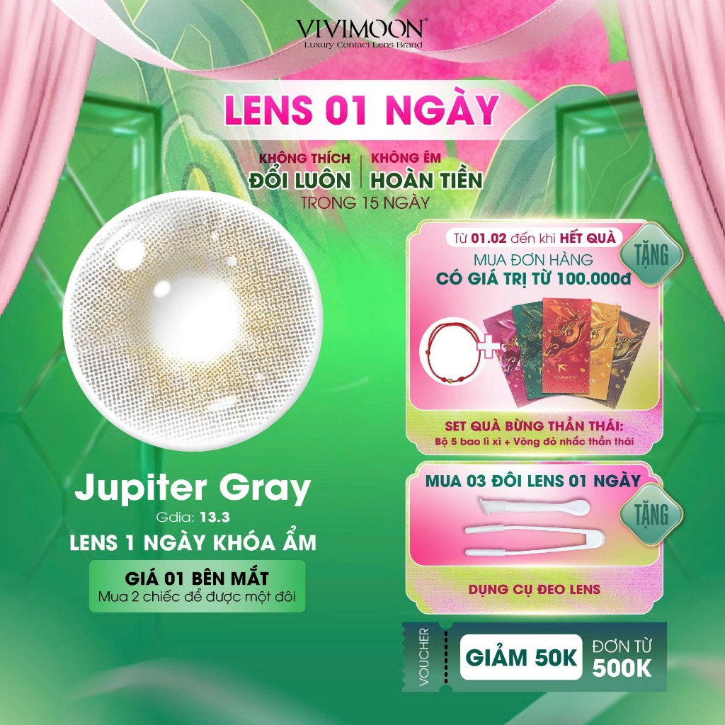 01 Chiếc Lens khóa ẩm cận 1 ngày Jupiter Gray VIVIMOON màu xám pha ánh vàng (Giá 1 bên mắt, x2 để đặ