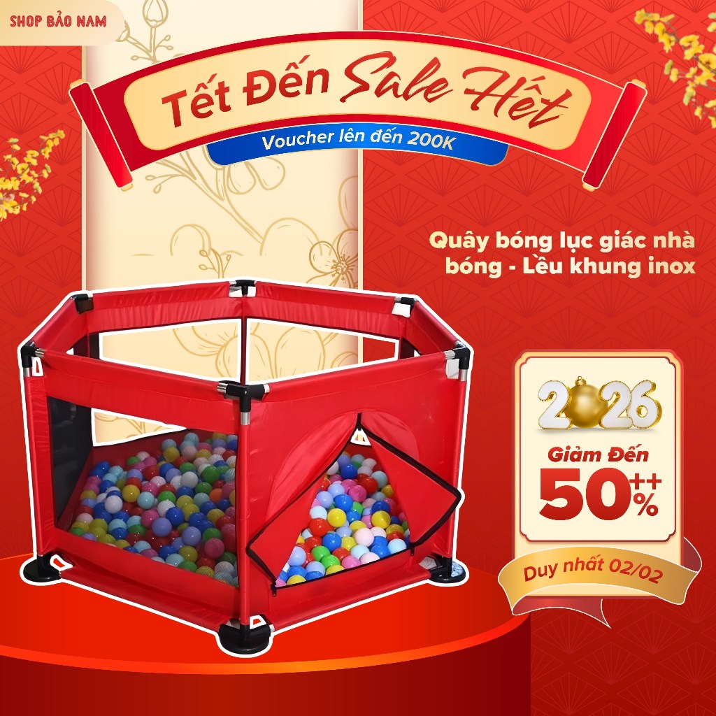 Quây bóng lục giác nhà bóng lều chơi bóng của bé khung inox tặng kèm 10 bóng