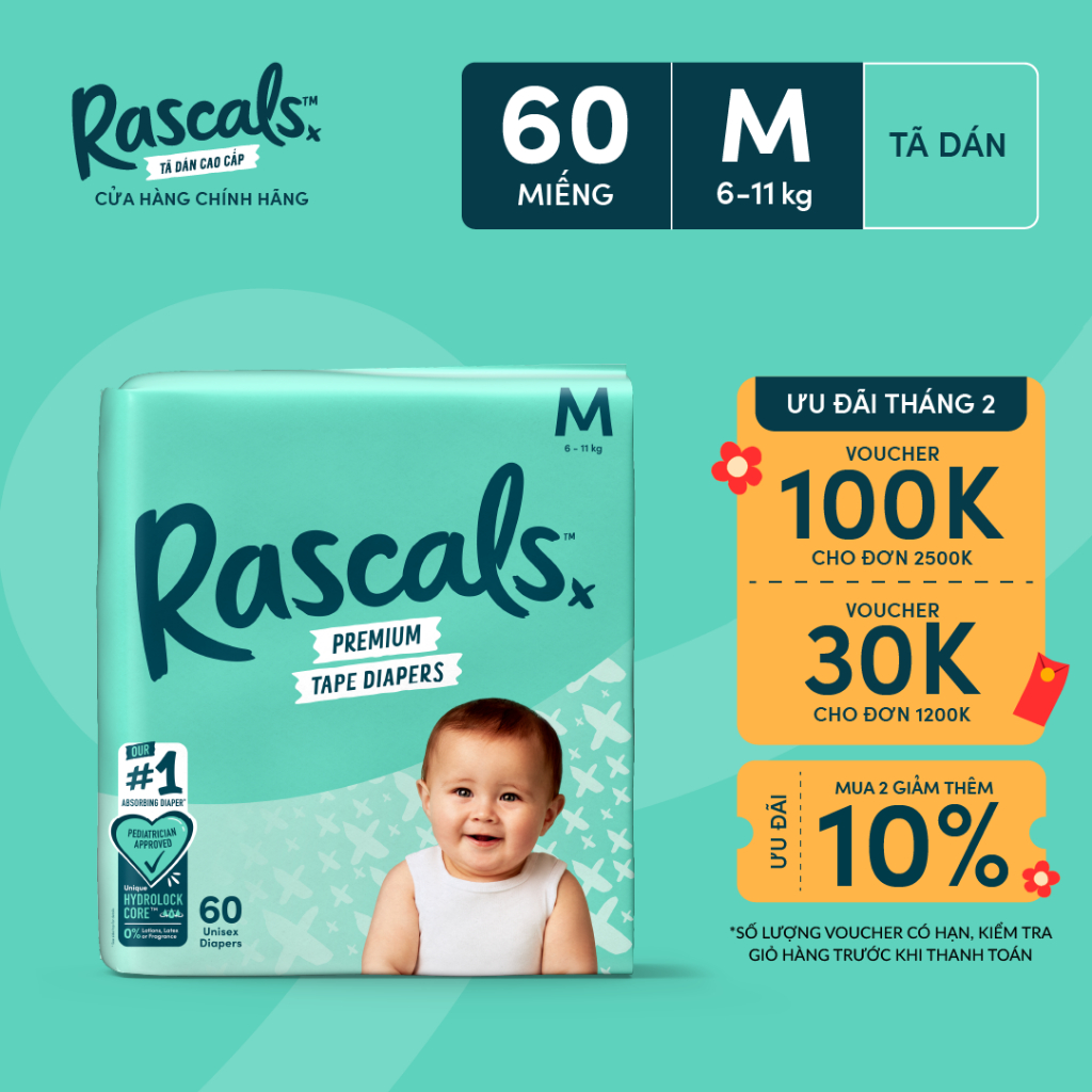 Tã/Bỉm Dán Rascals Size M (6-11kg) 60 miếng