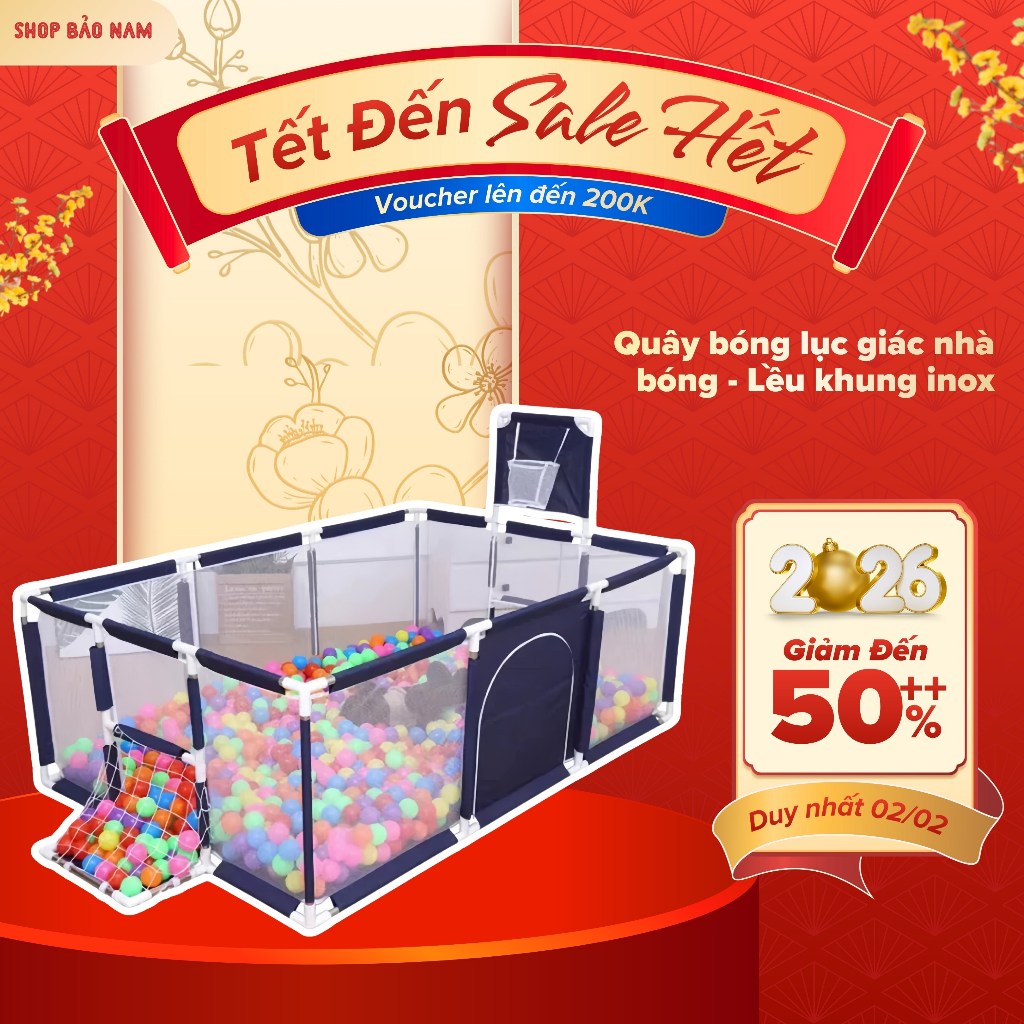 (Kèm 10 Bóng)Nhà Bóng Chữ Nhật , Quây Bóng Cho Bé Có Khung Bóng Rổ, Inox Chắc Chắn