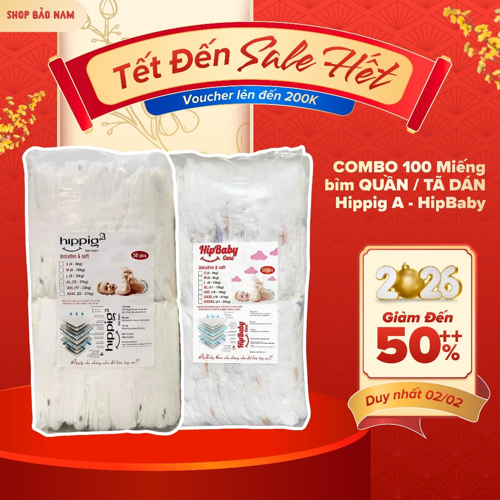 Combo 100 miếng  bỉm dán,bỉm quần Hipgig A -  HipBaBy Canre đủ size S/M/L/XL/2XL Thẩm hút cho bé luô