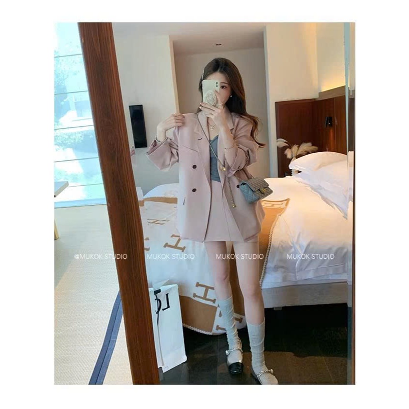 [MUKOK] Set thời trang gồm áo vest blazer hồng dáng casual + chân váy chữ A ngắn