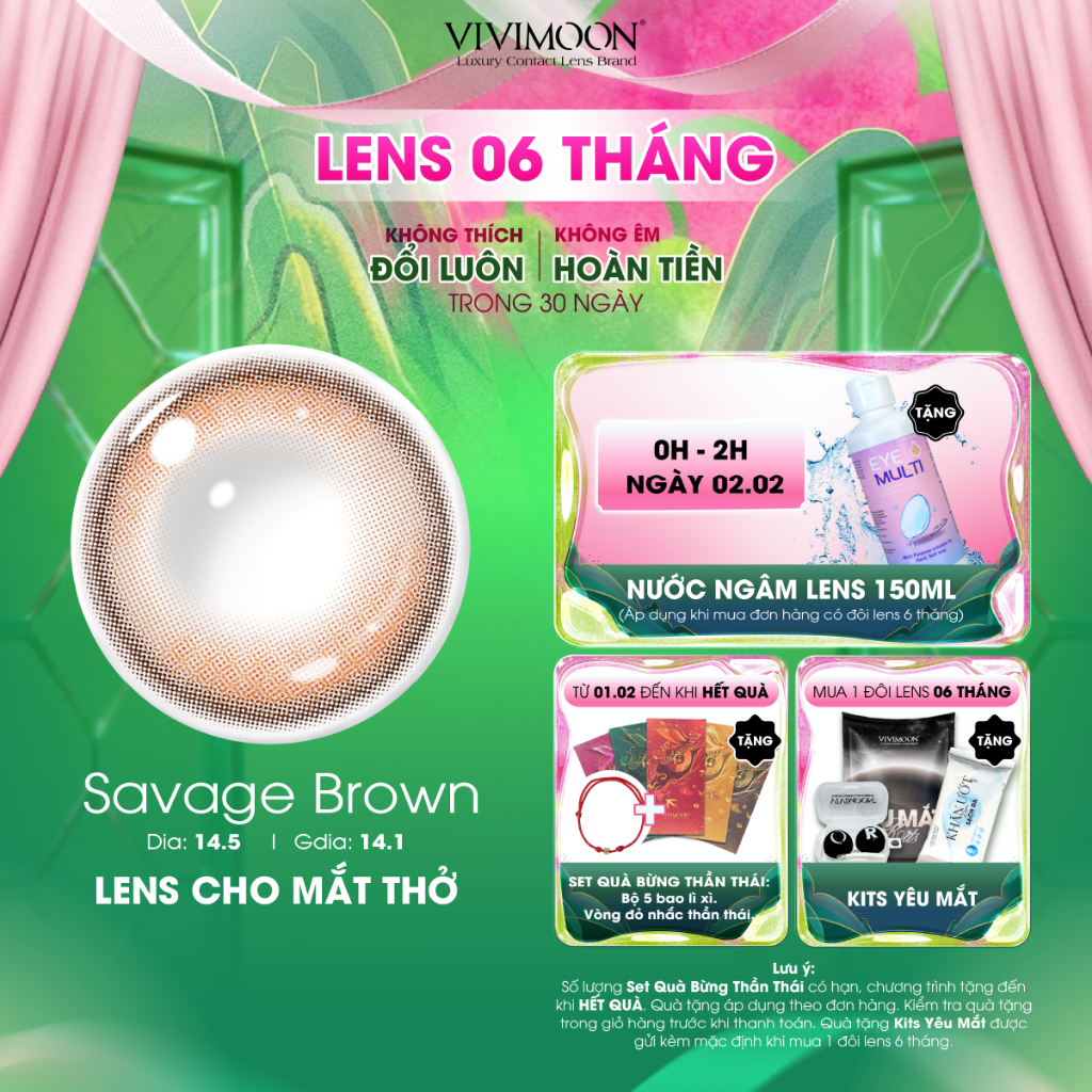 Kính áp tròng VIVIMOON EYECONIC lens cận cho mắt thở màu nâu baby Savage Brown, giãn tròng to 14.5mm