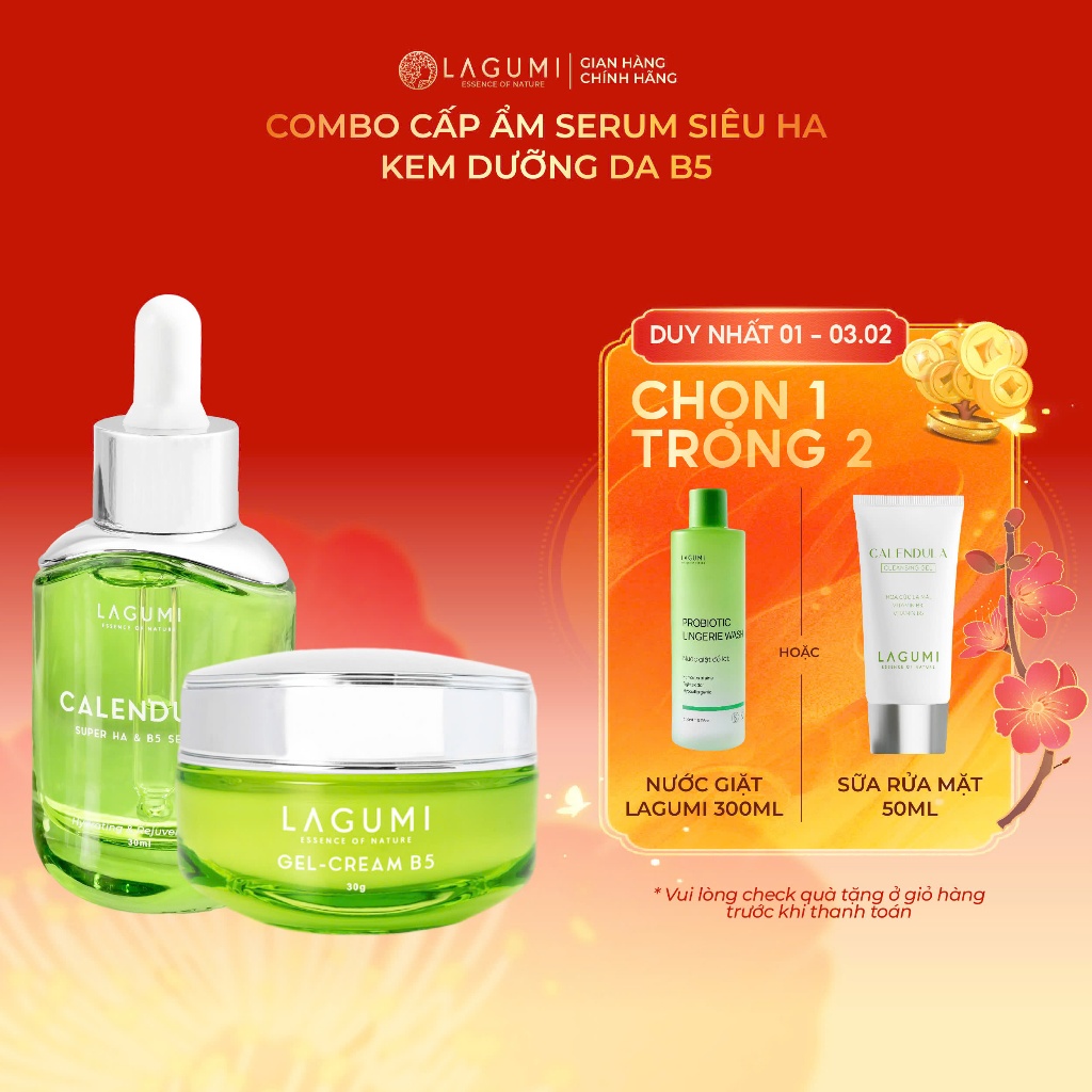 Bộ Kem dưỡng ẩm & làm sáng cho mẹ bầu, sau sinh LAGUMI Calendula B5 30gr và Serum LAGUMI Super HA 30