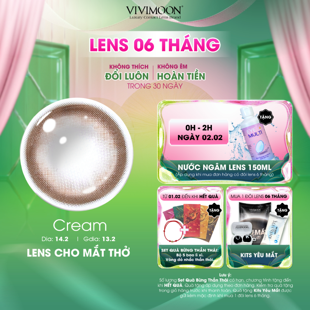 VIVIMOON lens cận nâu tây cho mắt thở CREAM, kính áp tròng 6 tháng (Giá 01 đôi)