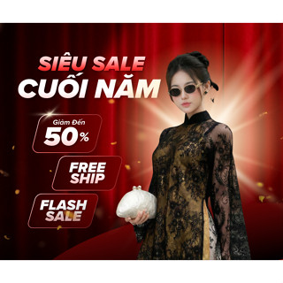 Bộ Áo Dài Dự Tiệc Sang Trọng Màu Đen Phối Vàng – Thiết Kế Tay Dài Ren Xuyên Thấu Quyến Rũ Đi Lễ, Tết