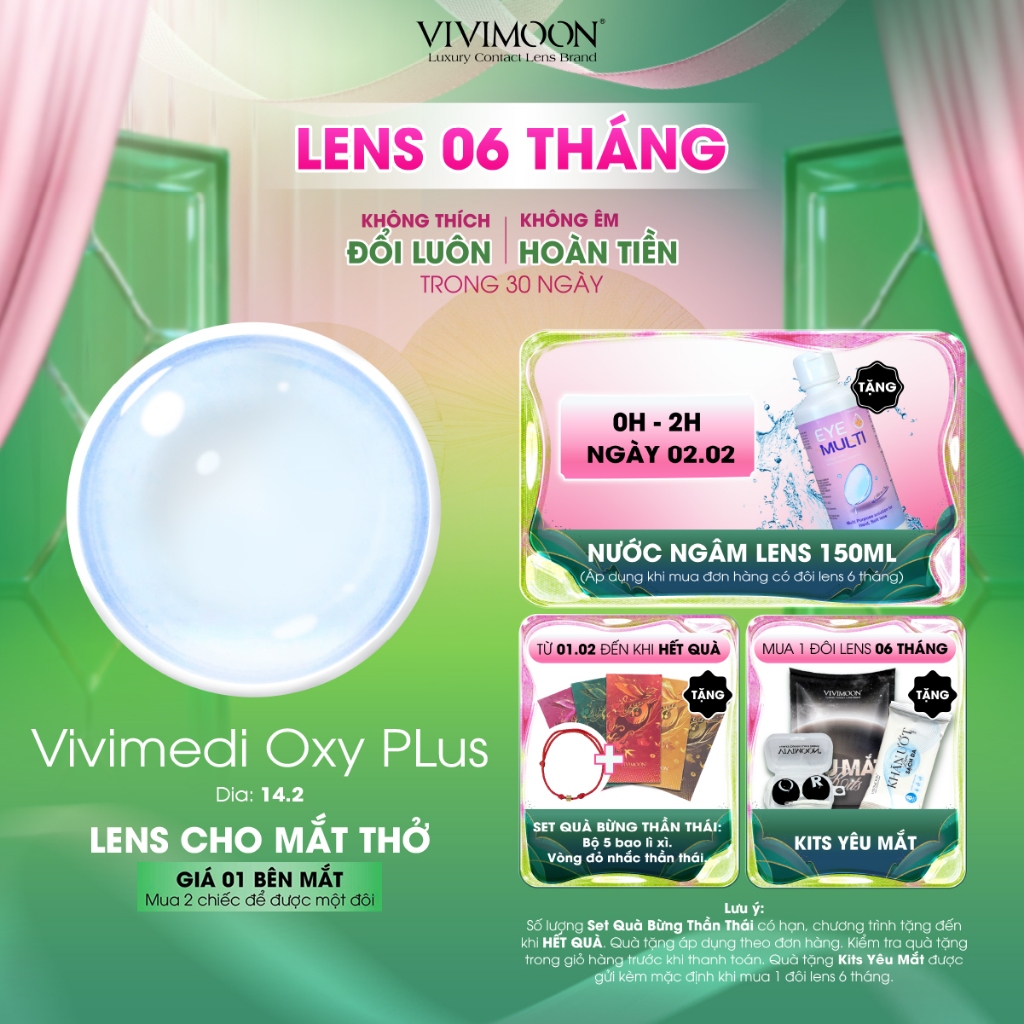 VIVIMOON lens cận cho mắt thở 6 tháng trong suốt Vivimedi Oxy Plus (Giá 01 chiếc - 01 bên mắt)