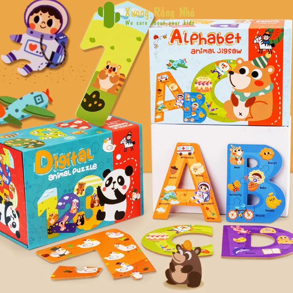 Bộ Xếp Hình Puzzle  Chữ Cái Chữ Số Nhiều Mảnh Hình Động Vật Cho Bé, Xương rồng Nhỏ