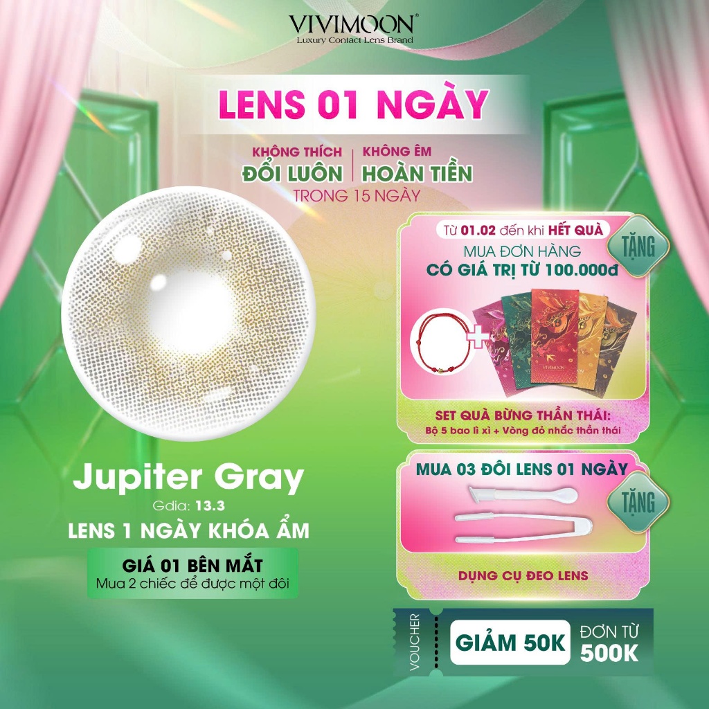 VIVIMOON lens cận khóa ẩm 1 ngày màu xám pha ánh vàng Jupiter Gray (Giá 01 chiếc/01 bên mắt - x2 để 