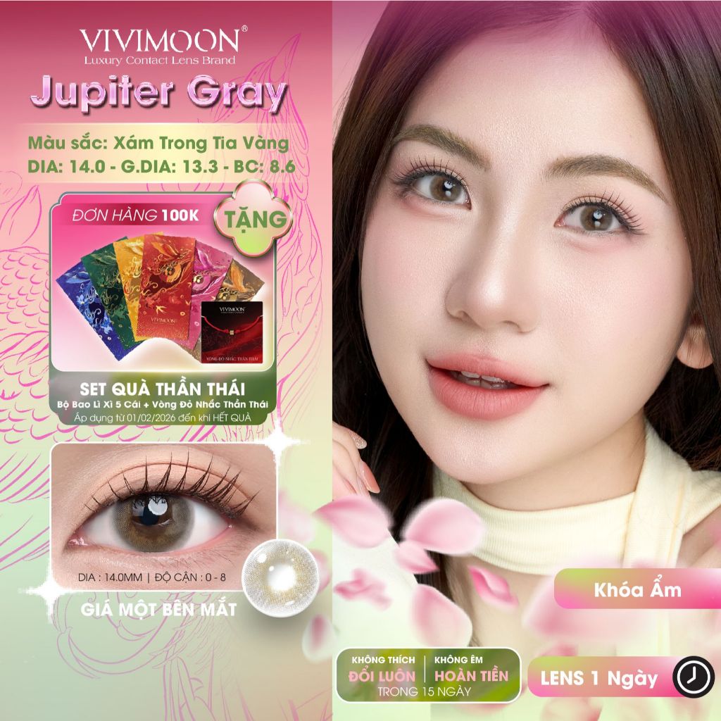 VIVIMOON lens cận khóa ẩm 1 ngày, công nghệ MPC cao cấp, kính áp tròng Jupiter Gray màu xám trong ti