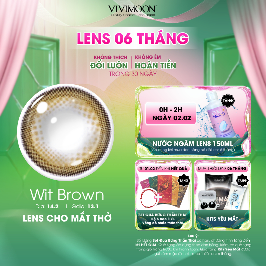 VIVIMOON lens cận cho mắt thở 6 tháng màu nâu rêu Wit Brown (Giá 01 đôi)