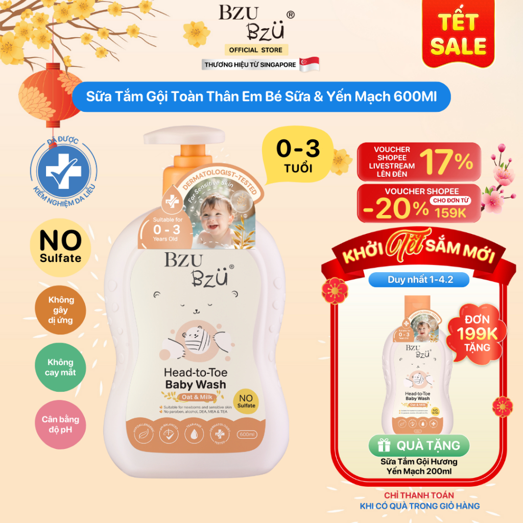 [KOL] Sữa Tắm Gội Toàn Thân Em Bé BZU BZU Baby Head to Toe Wash Oat & Milk Làm Sạch Dịu Nhẹ 600ml