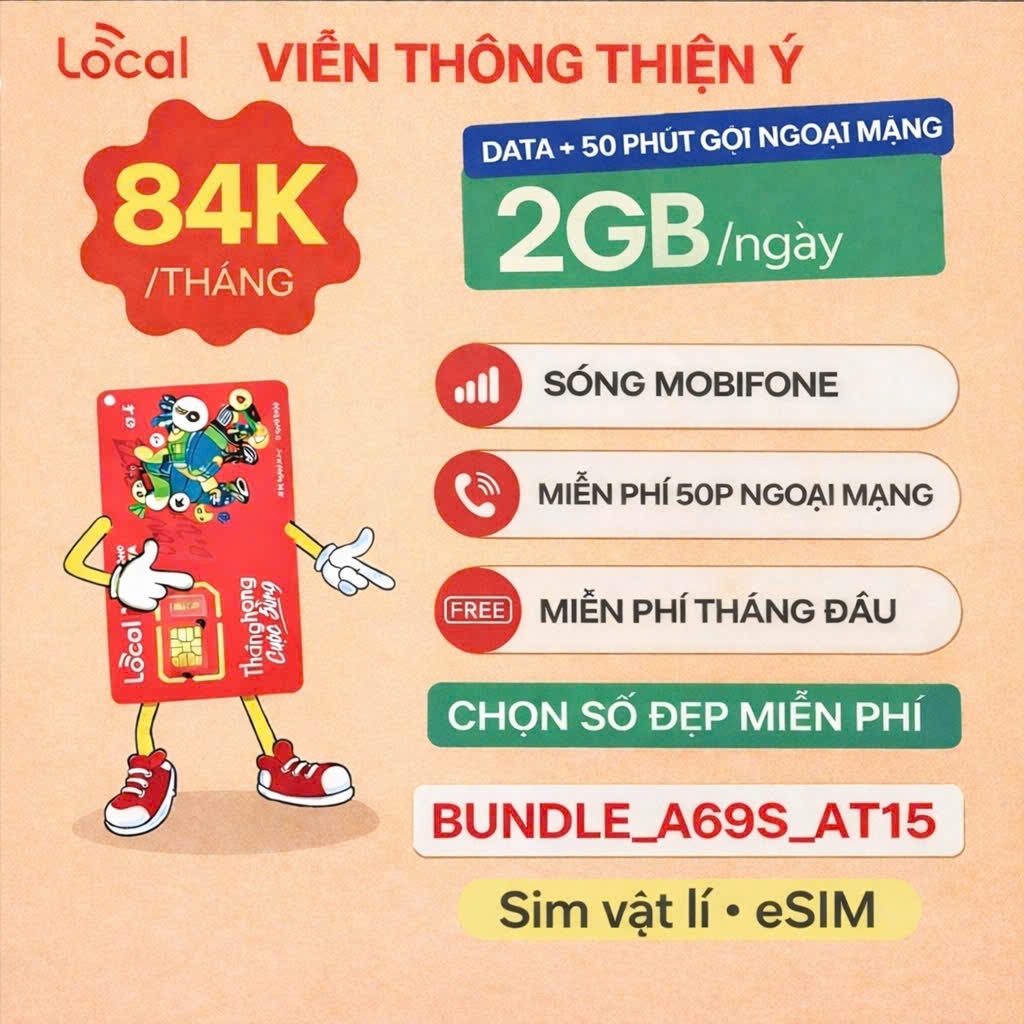SIM 5G LOCAL MOBIFONE  A69S 60GB/THÁNG FREE 50P GỌI CÁC MẠNG + MXH