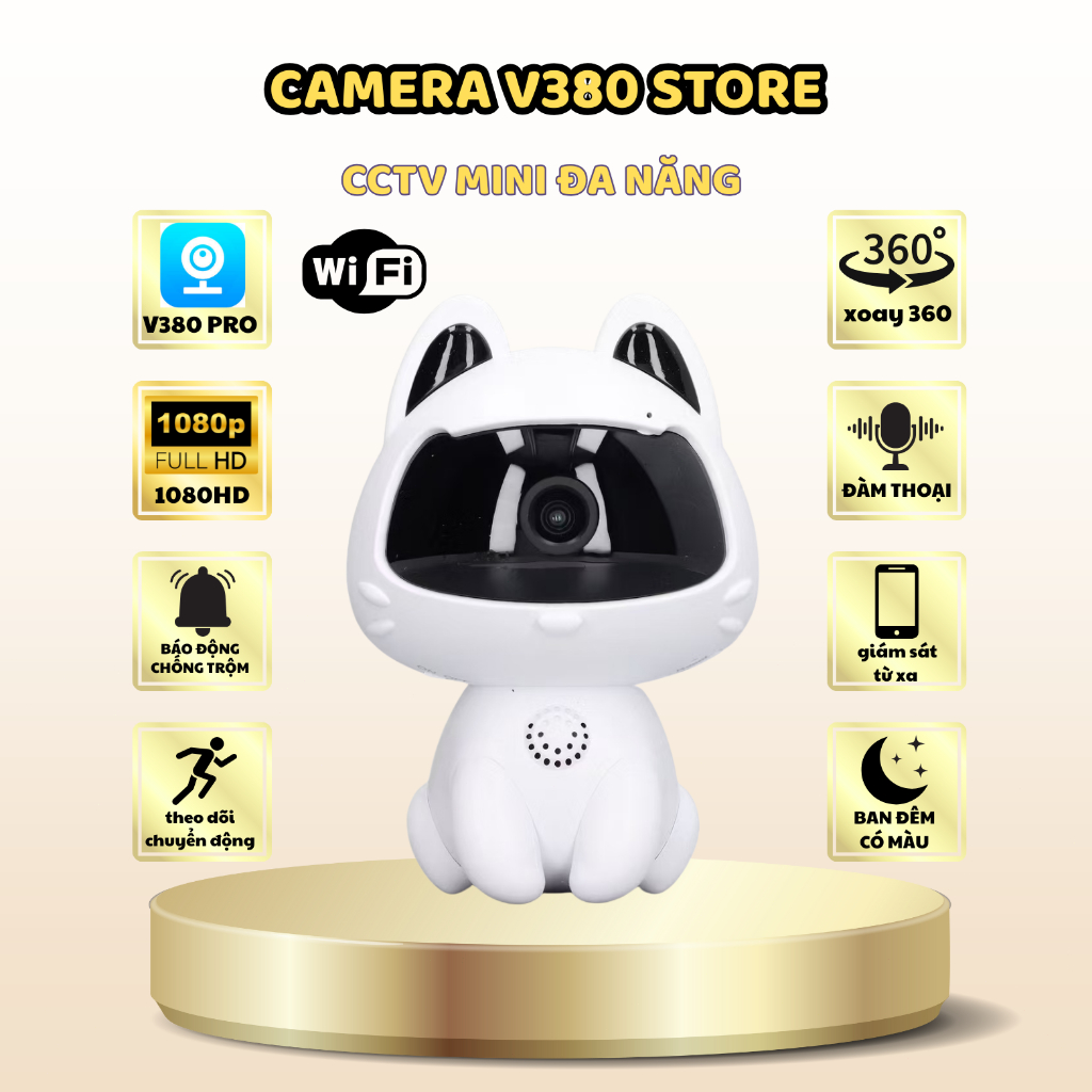 V380 Pro CCTV  WIFI 2MP Camera Mini Tai Mèo Để Bàn, Nhỏ Gọn Để Bàn , Đàm Thoại 2 Chiều