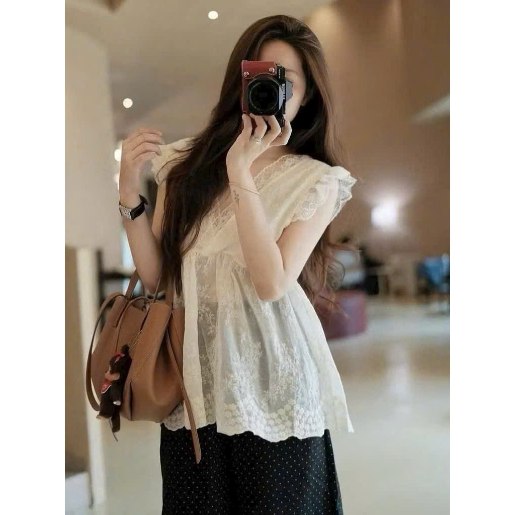 áo cổ V Phối Ren Trắng, Áo Kiểu Tay Cánh Tiên Phong Cách Hàn Quốc | BigBuy360 - bigbuy360.vn