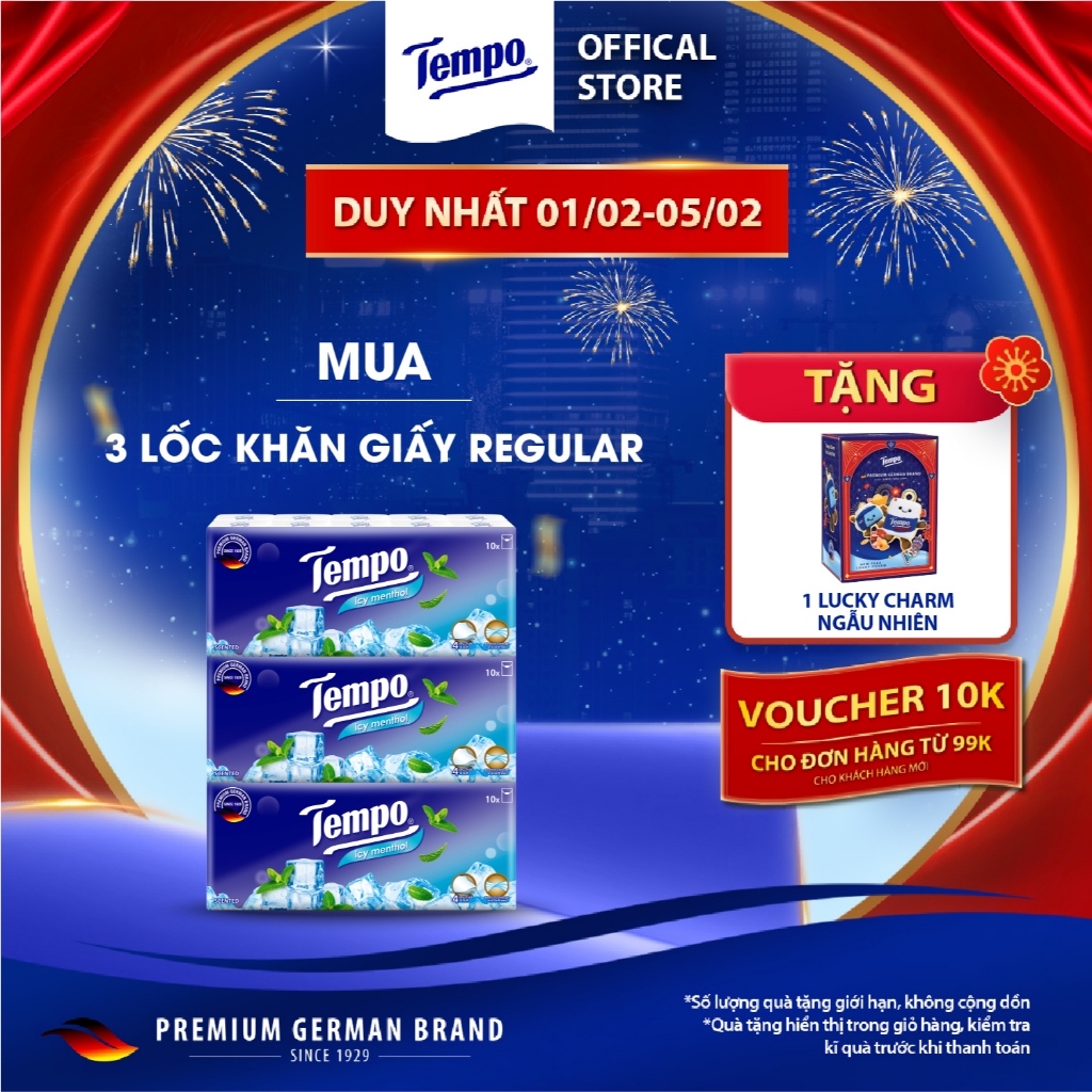 [COMBO 3 LỐC x 10 GÓI] Khăn Giấy Bỏ Túi Regular 10 Cao Cấp Tempo- 4 lớp bền dai - Thương hiệu Đức