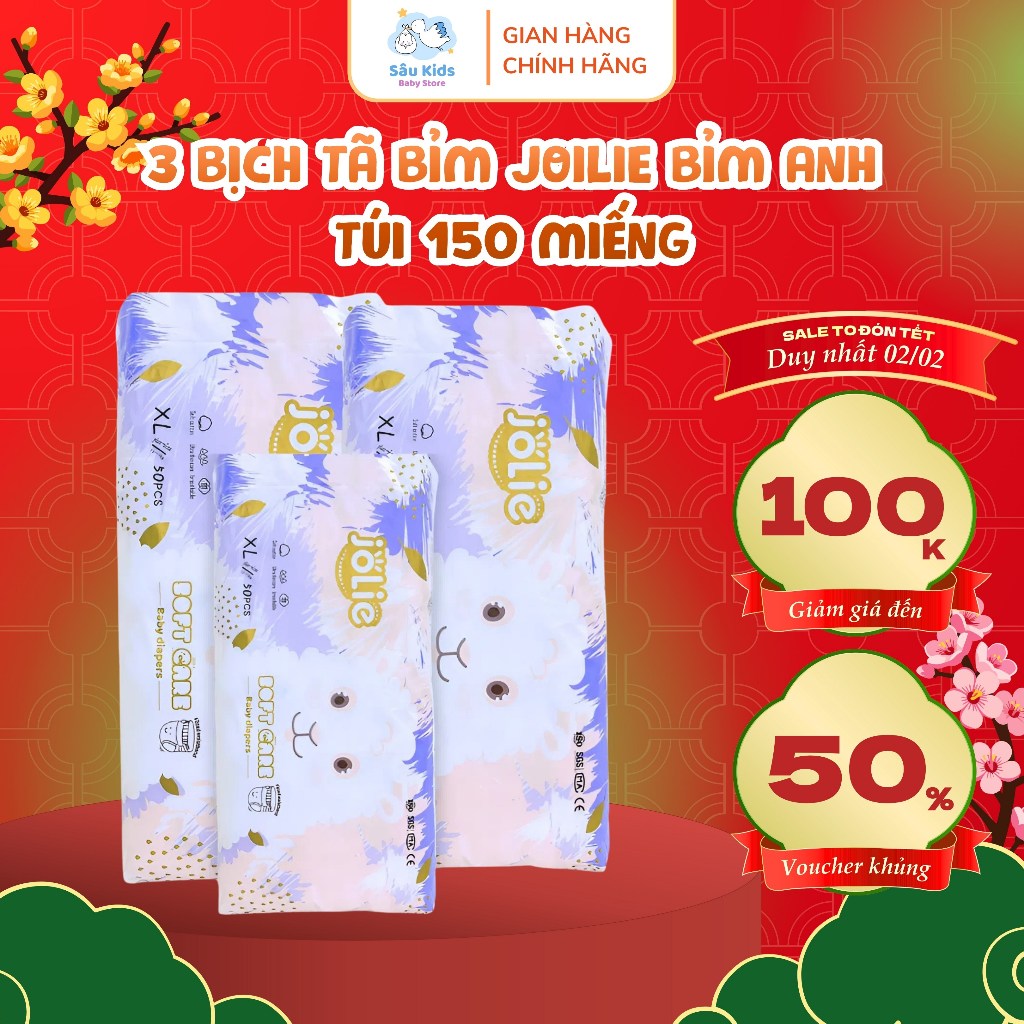 Tã Bỉm Quần Jolie combo 3 Bịch 150 Miếng – Siêu Mềm Mịn, Khô Thoáng cho bé  Đủ Size M-L-XL-XXL-XXXL-