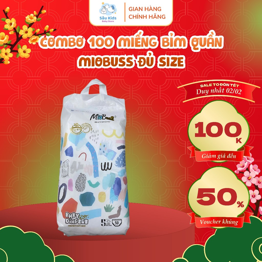 Combo 100 Miếng Bỉm Quần Miobuss Size M L XL XXL XXXL 4XL – Tã Quần Thấm Hút Tốt, Mềm Mại Cho Bé