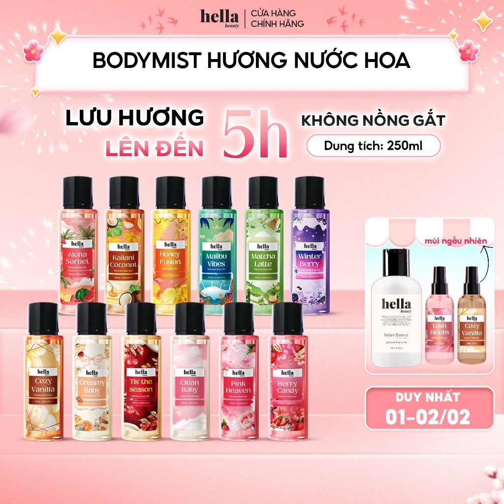 Xịt thơm body mist hương nước hoa Hella Beauty 250ml lưu hương lâu, an toàn cho da nhạy cảm