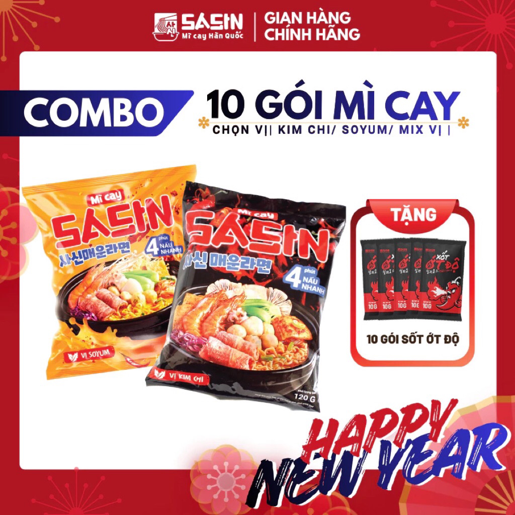 [ 10 GÓI ] MÌ CAY SASIN VỊ KIM CHI KIM CHI & MÌ CAY SASIN VỊ SOYUM + 10 GÓI XỐT ỚT ĐỘ 10G