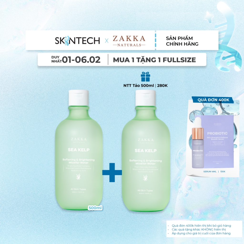 Nước Tẩy Trang Tảo Biển Zakka Naturals Sạch Mềm Mịn Và Hỗ Trợ Sáng Da 500ml