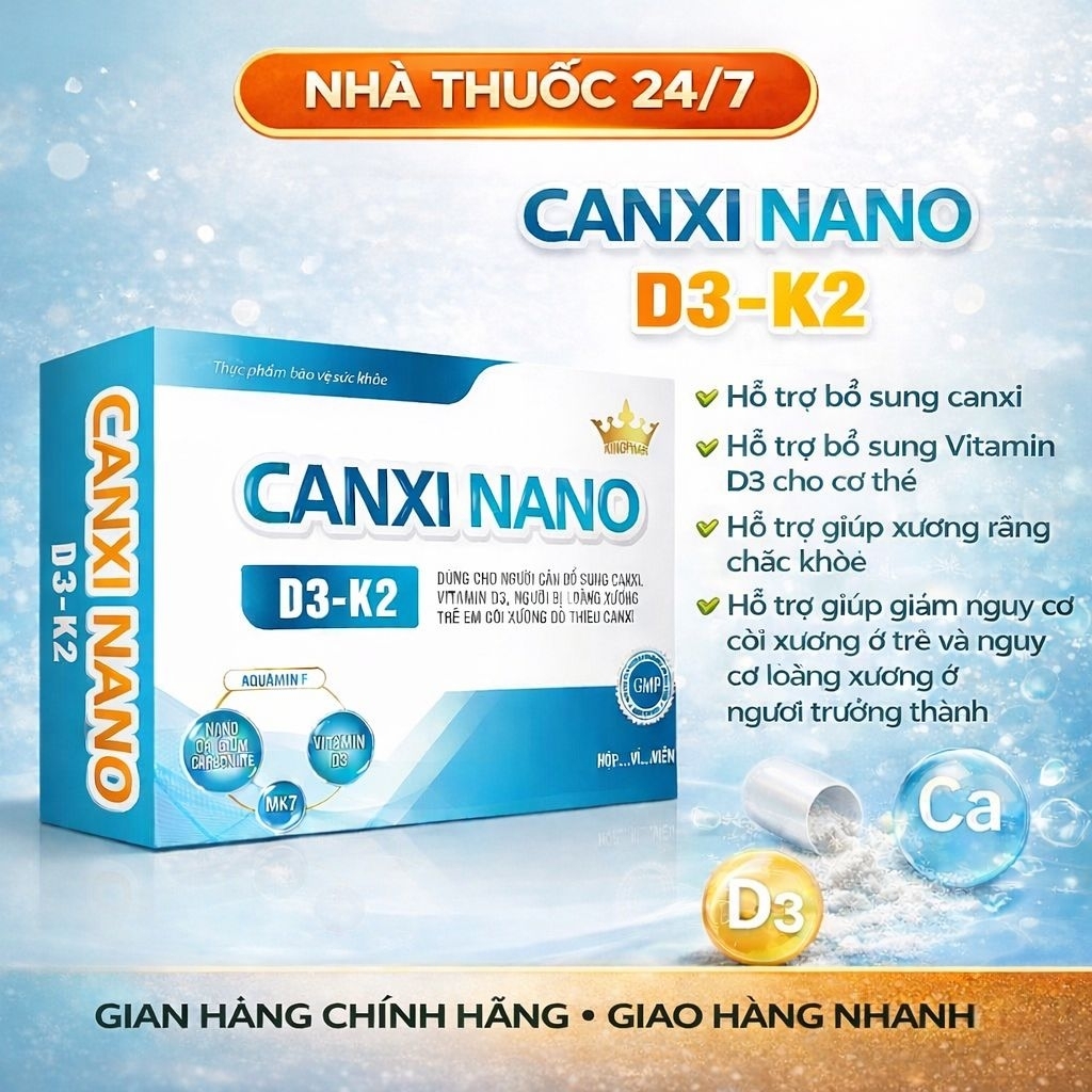 Canxi Nano – D3 – K2 kingphar 3 , hộp 30 viên ,hỗ trợ bổ sung canxi, vitamin D3 cho cơ thể