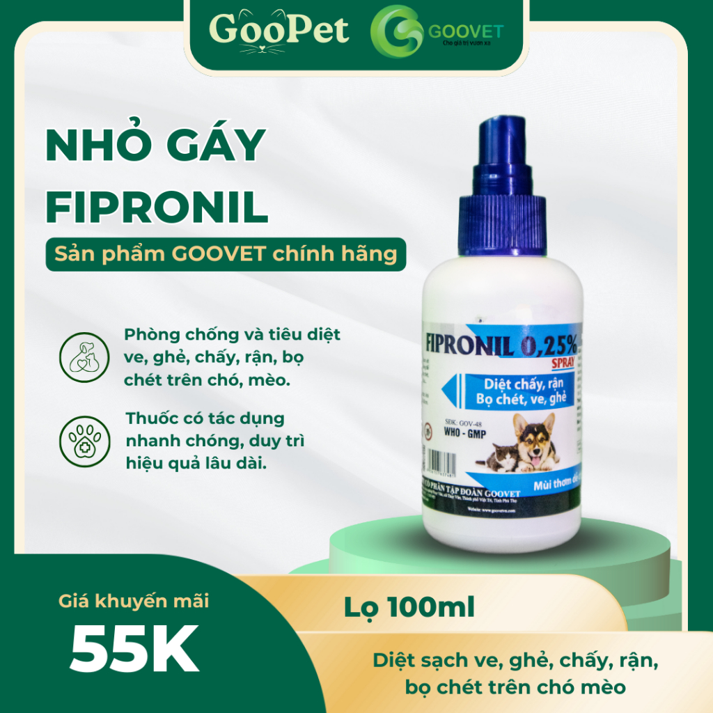 Nhỏ gáy FIPRONIL diệt sạch ve, ghẻ, chấy, rận, bọ chét trên chó mèo - Lọ 100ml