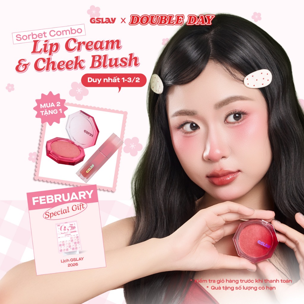 Combo GSLAY SORBET Má hồng kem hoá phấn thuần chay mịn lì (5g) & Son kem mịn mượt mờ lì thuần chay (