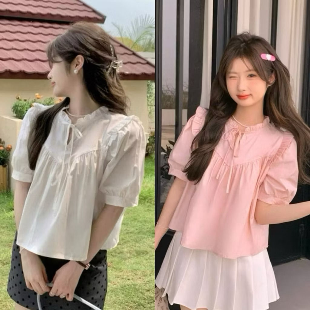 Áo kiểu form babydoll dáng cùa chạy viền bèo tay phống xinh đẹp TIMI SHOP BK76