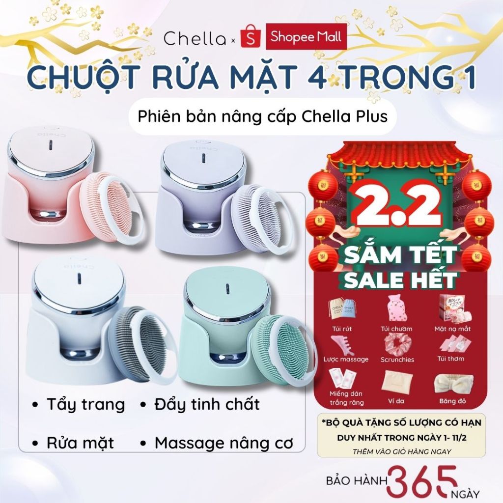 Chuột Rửa Mặt Chella 4 trong 1 kèm Tẩy Trang, Máy Đẩy Tinh Chất, Nâng Cơ, Máy Rửa Mặt - Bảo Hành 1 N