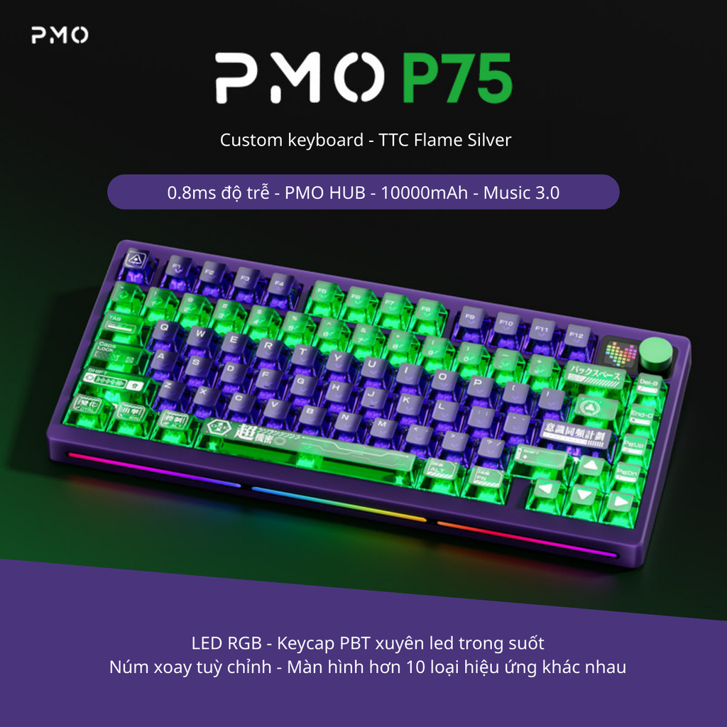 [CHÍNH HÃNG FULL VAT] Bàn phím cơ PMO P75 - Layout 75% | Màn hình LED Dot-Matrix | Pin 10000mAh | Độ trễ 0.8ms | BigBuy360 - bigbuy360.vn