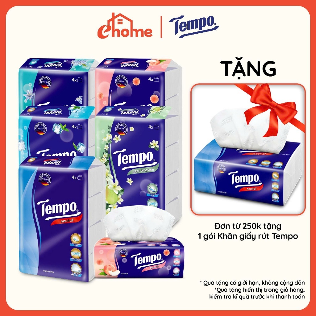 [LỐC 4 GÓI x 90 TỜ] Khăn Giấy Gói Rút Tempo Cao Cấp 4 Lớp Bền Dai, Thương Hiệu Đức, An Toàn Cho Da