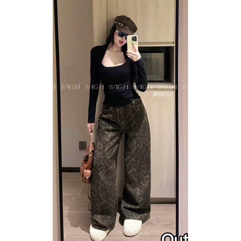 Quần Jean Dáng Ống Bom Tôn Dáng Hoạ Tiết Beo #8852