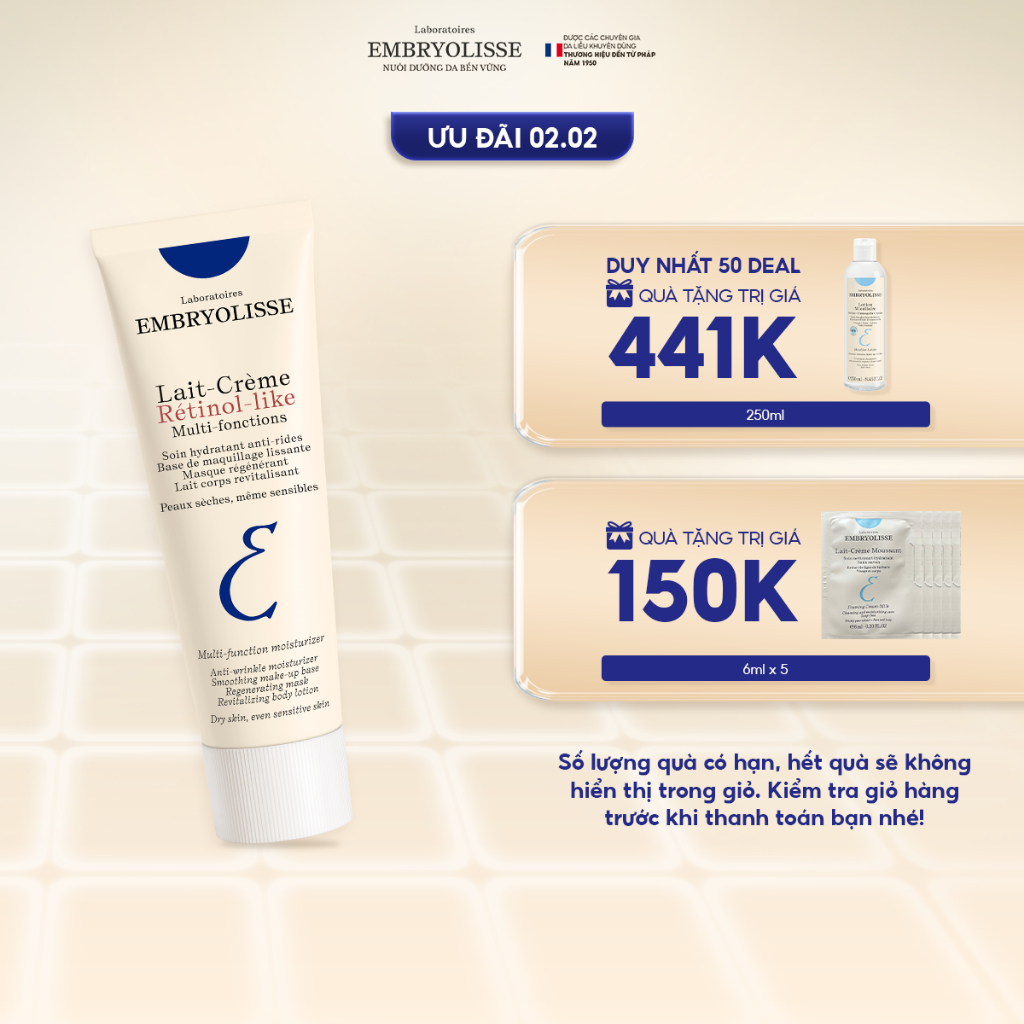 Kem Dưỡng Hỗ Trợ Cải Thiện Nền Da, Sáng Mịn Lait Crème Retinol Like Embryolisse 15 - 75ml
