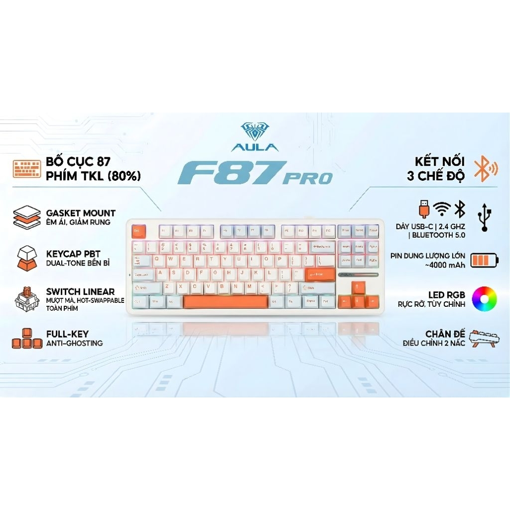 [CÓ SẴN] Bàn phím cơ không dây Aula F87 Pro-3 Mode kết nối-hỗ trợ Hotswap mạch xuôi-có App điều chỉn